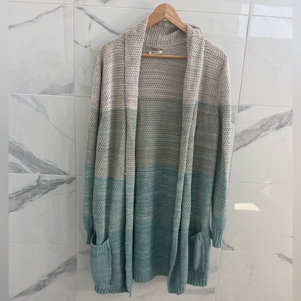 Faherty light blue/green teal open long cardigan - size small - cashmere blend